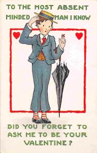 Most Absent Minded Man Forget to Ask Be My Valentine Day 1910c postcard