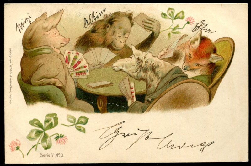 Animals playing cards. 1898 fantasy pc. Wezel & Naumann, Leipzig, Serie V, No. 3