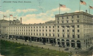 Postcard 1911 Hawaii Honolulu Alexander Young Hotel autos flags 23-12146