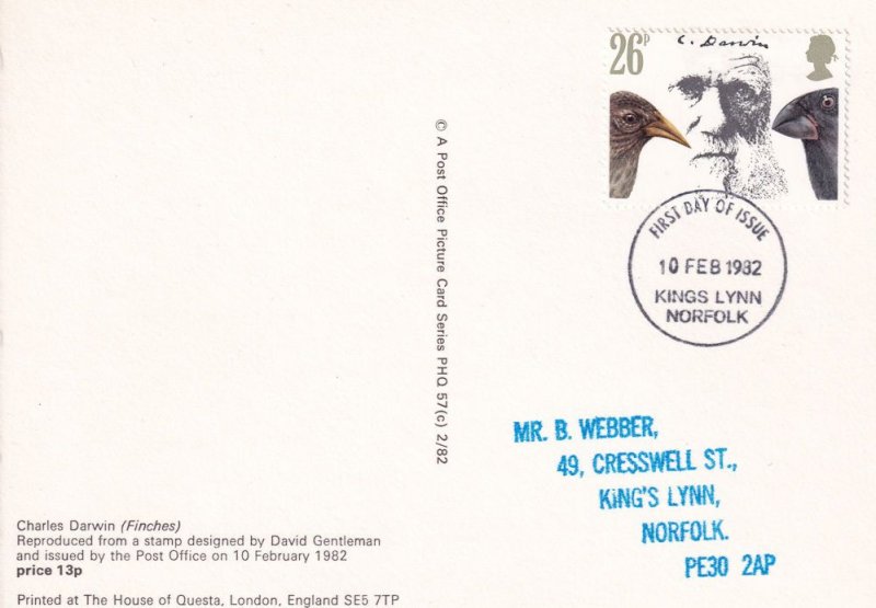 Charles Darwin Finches Finch Bird Rare PHQ First Day Cover Postcard