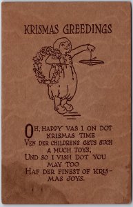 Christmas Greetings Girl Bringing A Wreath Holiday Poem Postcard