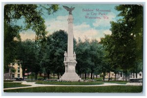 Watertown Wisconsin Postcard Soldiers Monument City Park Statue Tree 1914 Posted