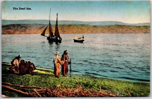 The Dead Sea La Mer Morte Jordan Boats & Ships Men at Shore Postcard