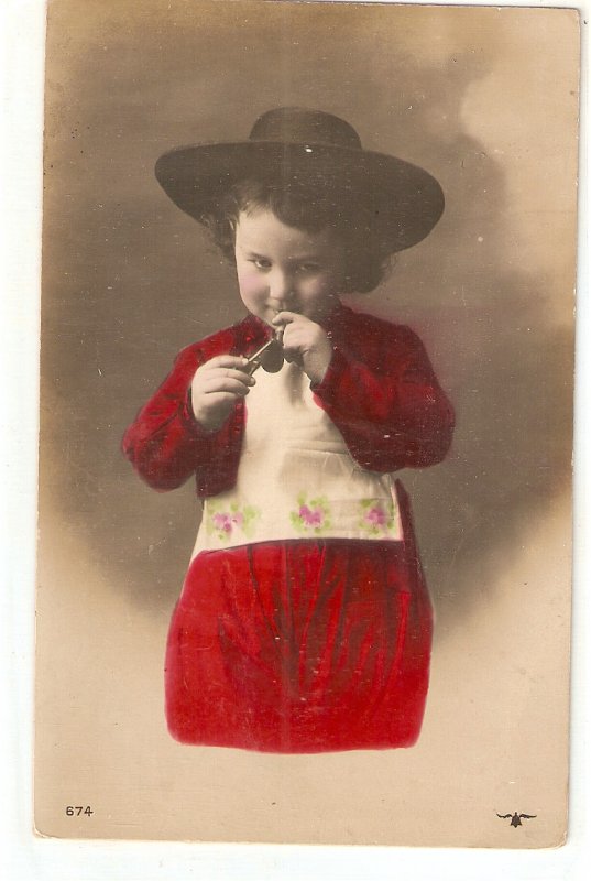 Boy in red. Smoking Curious old vintage Spanish postcard