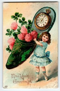 New Year Postcard Girl holds Giant Shoe Clock With Flowers 1910 EAS Germany