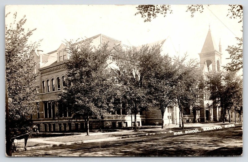 Mankato MN Horse Faces High School Bldgs~Mansard Roof~Open Belltower RPPC c1914 