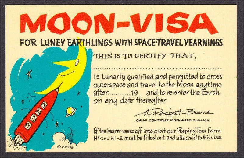 Outer Space Rocket Vacation Moon Visa Permit Comic Postcard c.1960