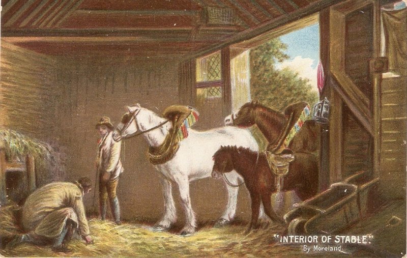 Interior of Stable by Moreland. Horses Fine painting, vintage English Postca