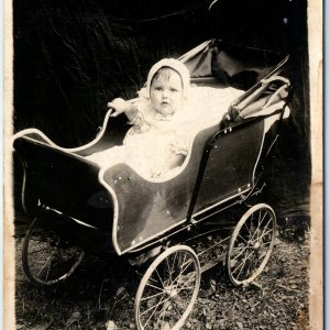 c1910s Infant Baby Bonnet Fancy Carriage RPPC Postcard Studio Bailey Pram Photo