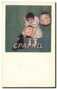 Old Postcard Fantasy Illustrator Child Cat Kitten