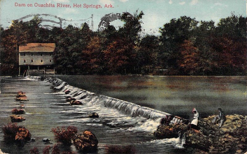 c.'08, Dam on Ouachita River, Hot Springs, AR, Arkansas, Message, Old Post Card