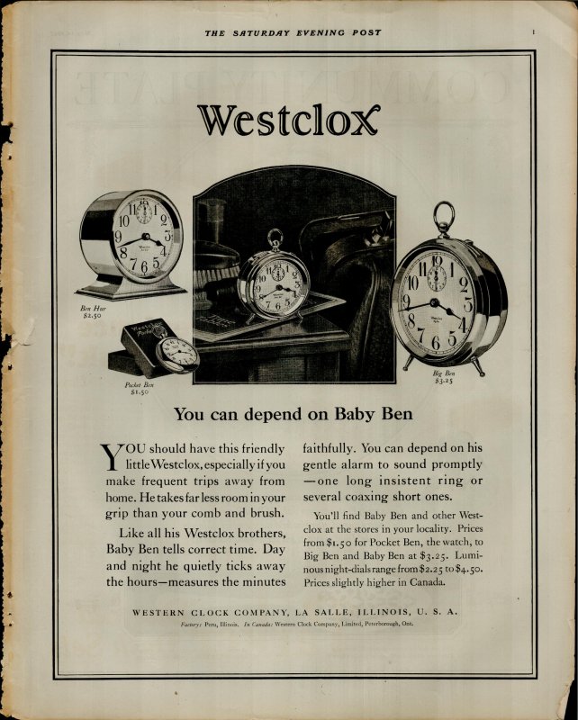 1927 Westclox You Can Depend on Baby Ben $3.25 Vintage Print Ad 3868