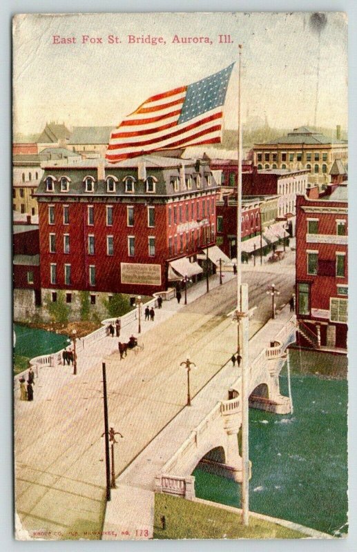 Aurora Illinois~East Fox Street Bridge Birdseye View~Flag Foreground~1911 