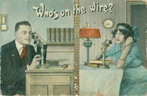 Man & Woman on Old Telephones Who's on the wire? 1913 Comic Postcard DAMAGED