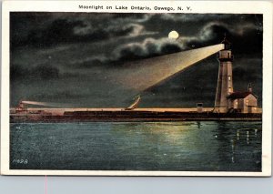 Postcard NY Oswego Moonlight on Lake Ontario