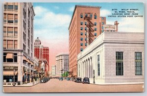El Paso Texas~Mills Street Looking West From US Post Office~Vtg Linen Postcard