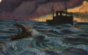Vintage Postcard 1909 Boat and Steamer Ship in Storm Big Waves Painting Art