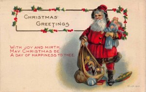 Christmas Postcard Santa Claus Arm Full of Dolls and Sack of Toys~114050