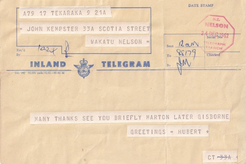 Nelson Telegraph Office New Zealand 1960s Telegram