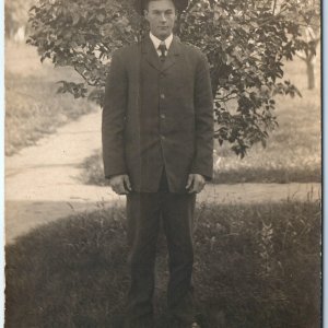 ID'd c1910s Handsome Man Outdoors in Suit RPPC Real Photo Postcard Gardalen A85