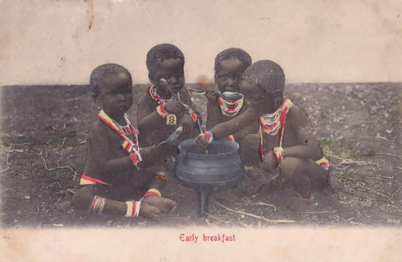 Early Breakfast African Cooking Pot Childrens Antique Postcard