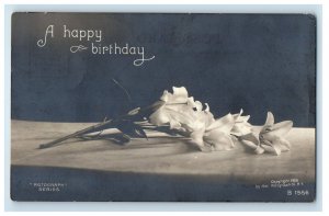 1907 Happy Birthday Greetings Lily Flowers Rotograph RPPC Photo Antique Postcard