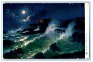 1904 Moonlight Rough Seas Storm of Brighton Oilette Tuck Art Postcard 