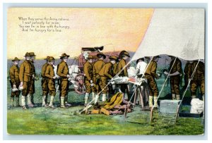 c1910s Army Wearing Khaki Fall in Line for Food Rations Antique Postcard 