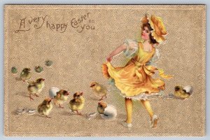 Best Easter Wishes Girl In Yellow Dress Hatched Chicks 1910 Postcard, Clapsaddle