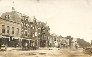 Delavan WI 1908 Street View Store Fronts Post Office Horse & Wagons RP Postcard