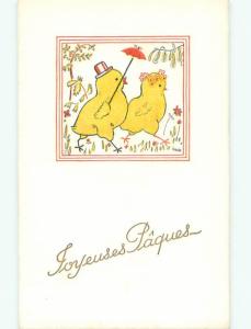 foreign Old Postcard HUMANIZED CHICKS USING HAT AND UMBRELLA AT EASTER AC3229