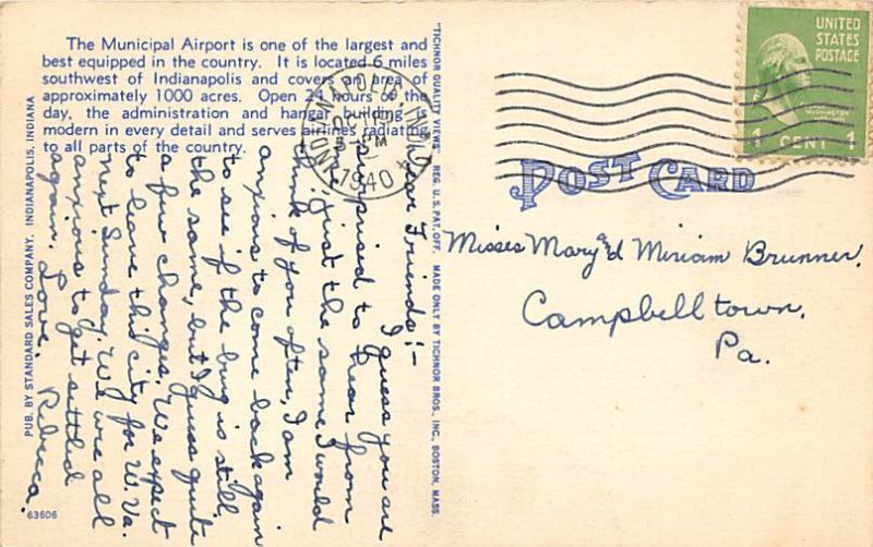 Municipal Airport Indianapolis, Indiana, USA Airport 1940 
