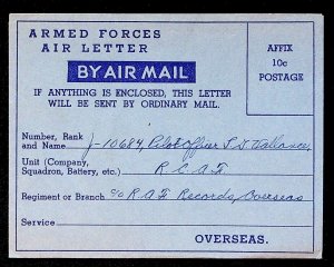 c1940s Canadian Armed Forces Air Letter Pilot Officer Lloyd Vallance RCAF