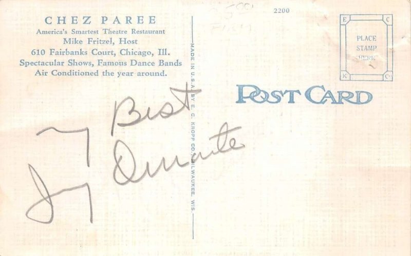 Chicago Illinois Chez Paree Restaurant Jimmy Durante Autograph Postcard AA109458
