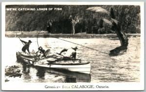 CALABOGIE ONT. CANADA FISHING EXAGGERATED ANTIQUE REAL PHOTO POSTCARD RPPC