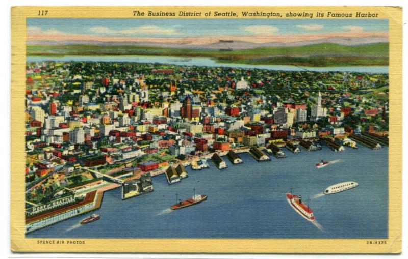 Panorama Birds Eye View Business District Seattle Washington 1947 linen postcard