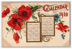 1910 Calendar Red Flowers Calendar Pueblo Colorado CO Embossed Antique Postcard