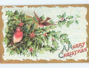 Pre-Linen christmas ORANGE AND BROWN BIRDS SITTING IN THE HOLLY HL0463