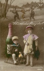 New Year 1916 greetings children couple sledge champagne luck dwarfs with money