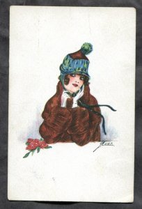 dc959 - Artist Signed CURT 1921 Girl in Winter Hat Italian Postcard