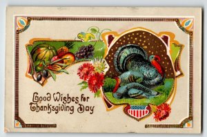 Thanksgiving Postcard Turkey Harvest Flowers Flag Gel Series 956 Germany Vintage
