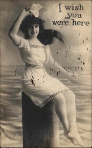 Bathing Beauty Beautiful Woman on Post in Wind Real Photo c1910 Postcard