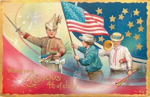 c1910 4th of July Patriotic Flag Children Fireworks artist Postcard 25-11776