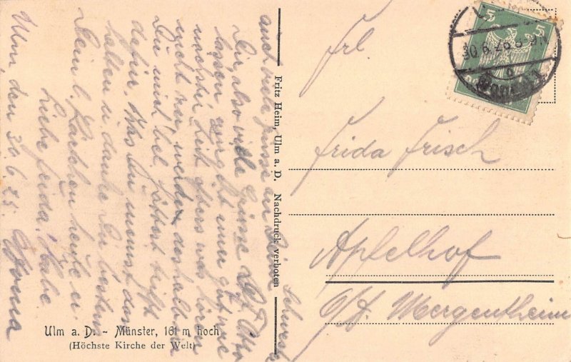 B226 Germany 1928 Ulm a D Muenster Cathedral Songbird vintage postcard