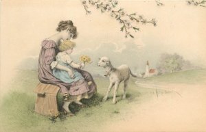 M.M. Vienne Easter Postcard 508 Lady, Girl on Bench, Lamb, Hand-Colored~Schubert