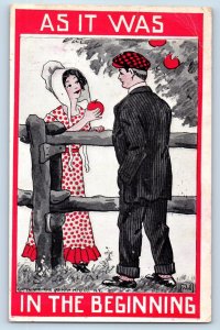 Wall Artist Signed Postcard Woman With Apple As It Was In The Beginning 1911