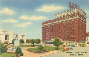 Dallas, Texas  Hotel Jefferson, Postcard, Cars, Fountain, Linen Postcard