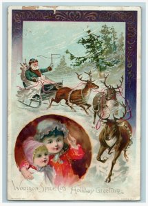 1890 Holiday Greeting Lion Coffee Woolson Spice Co. Green Coat Santa Claus #5J