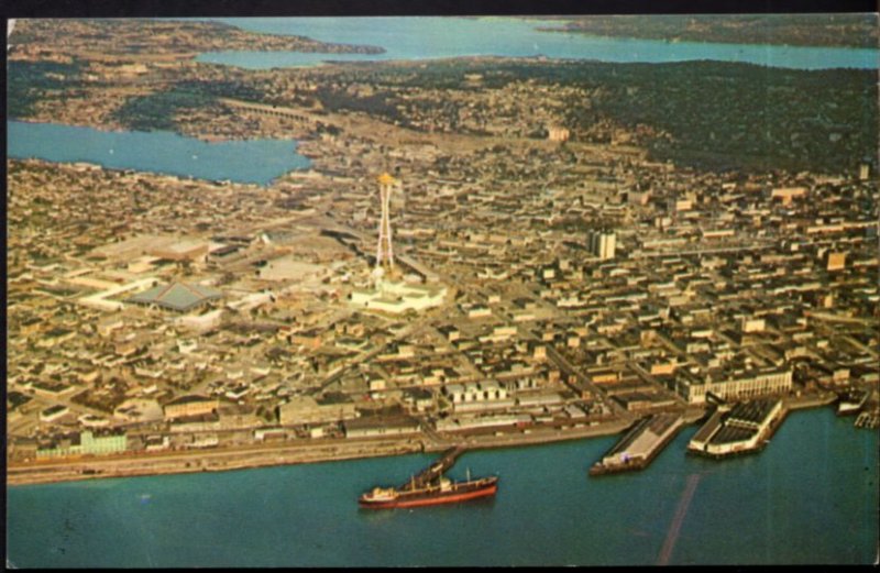 Washington SEATTLE Aerial View of Elliott Bay World's Fair Site - Chrome