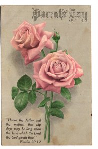 Parent's Day, Roses, Bible Honor Thy Father and Thy Mother, Vintage Gree...